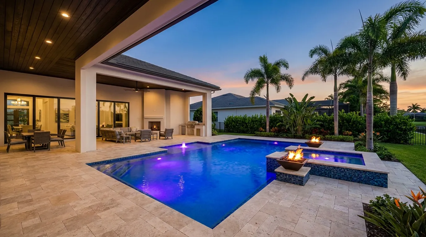 Designer Naples pool with LED lighting at dusk