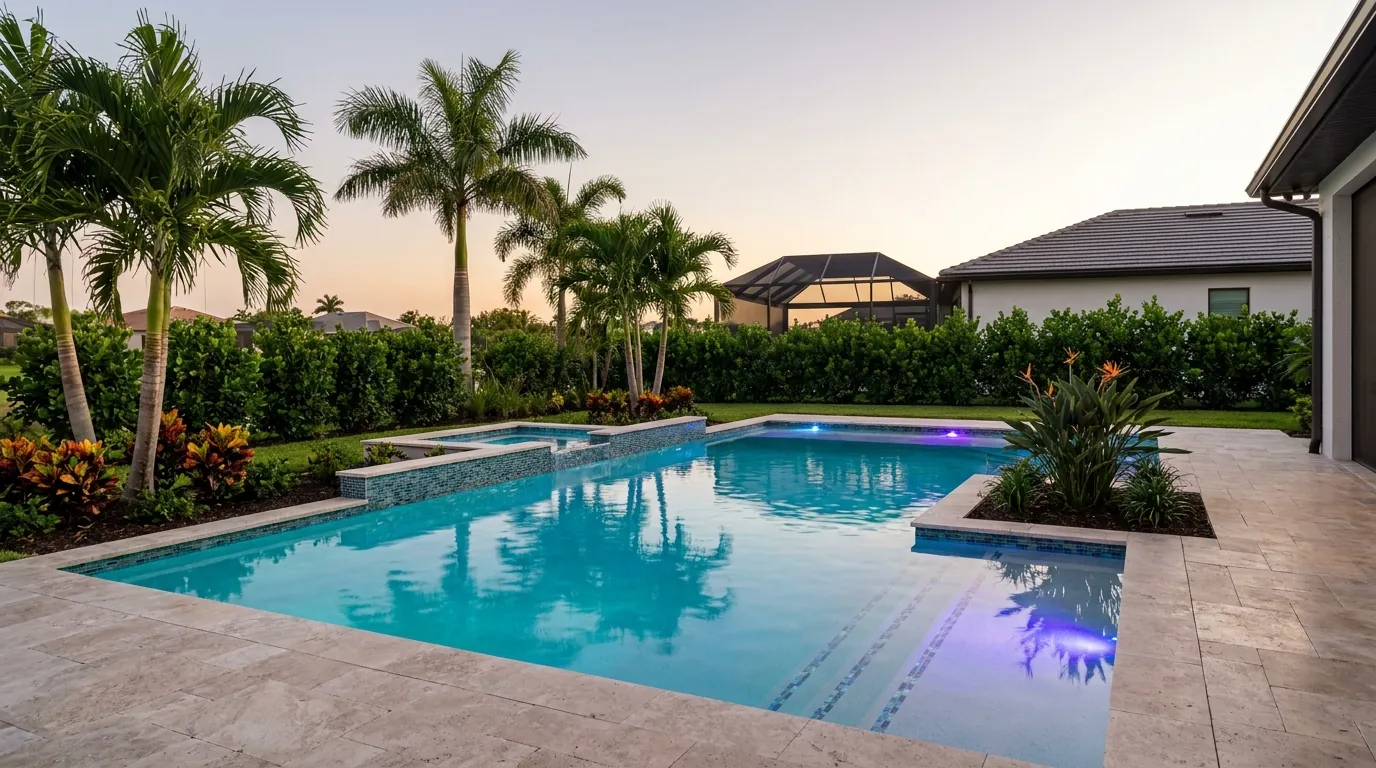 Remodeled Naples pool with new LED lighting at dusk