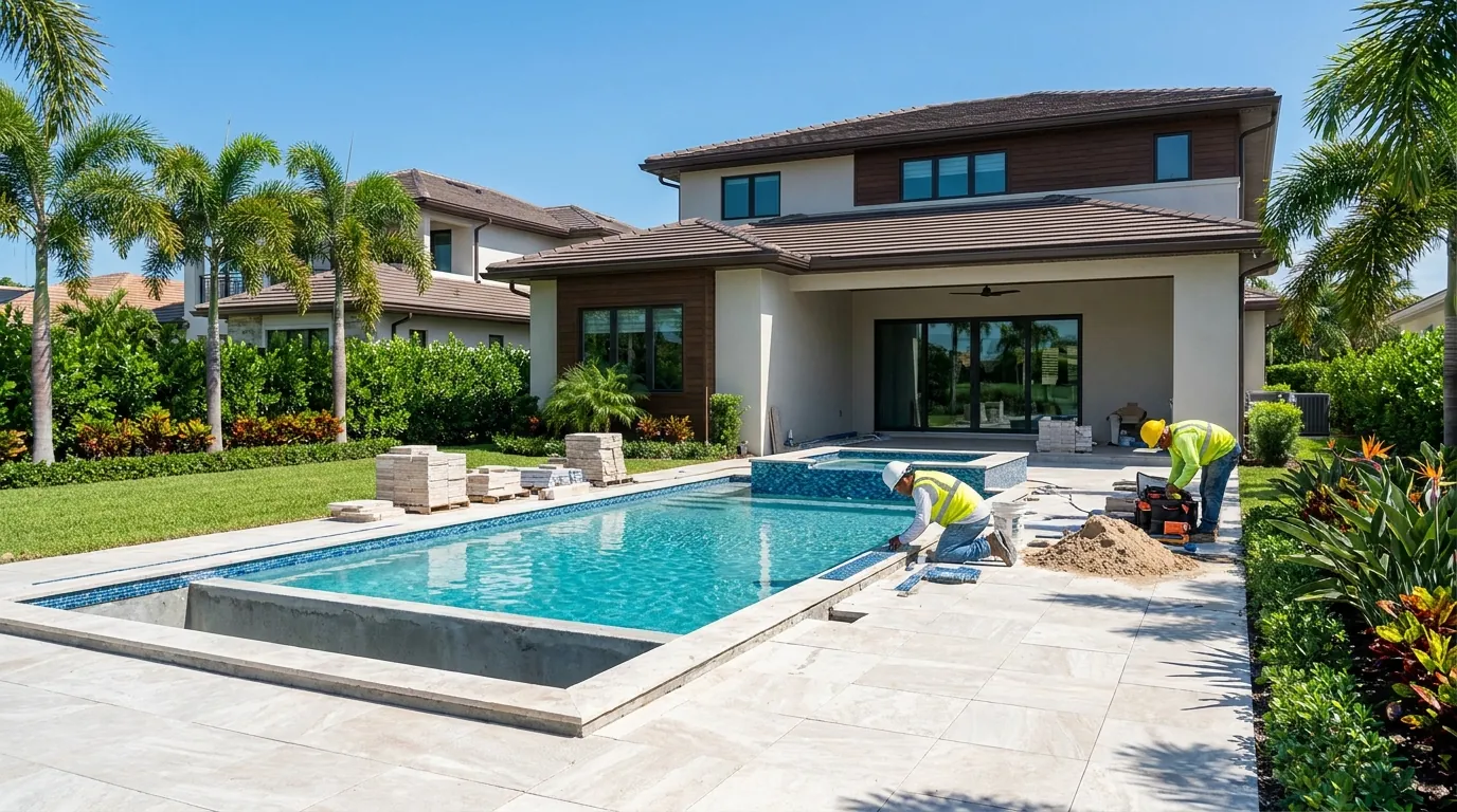 Pool remodel in progress with new waterline tile in Naples, Florida