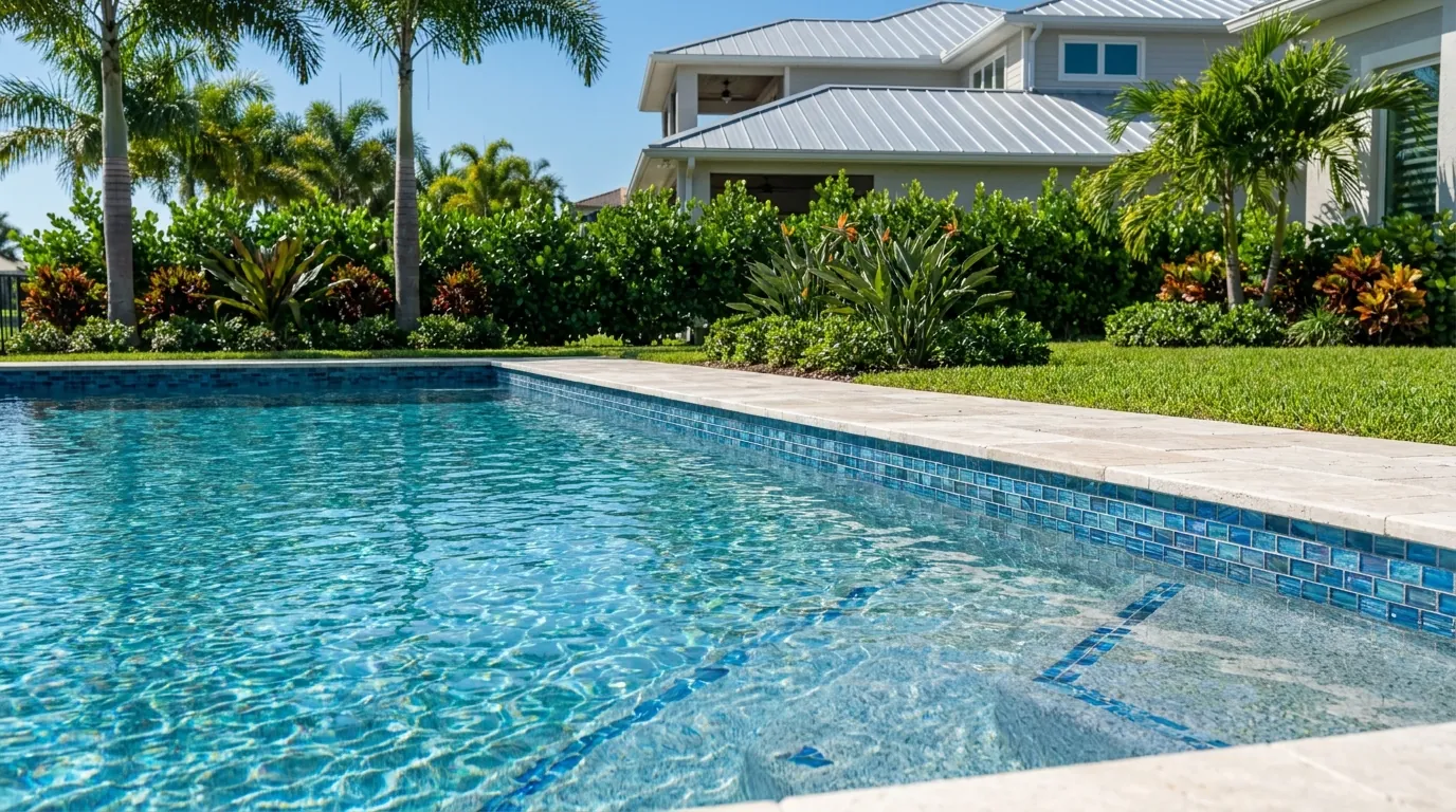 Freshly resurfaced pool with Pebble finish and glass tile in Naples, FL