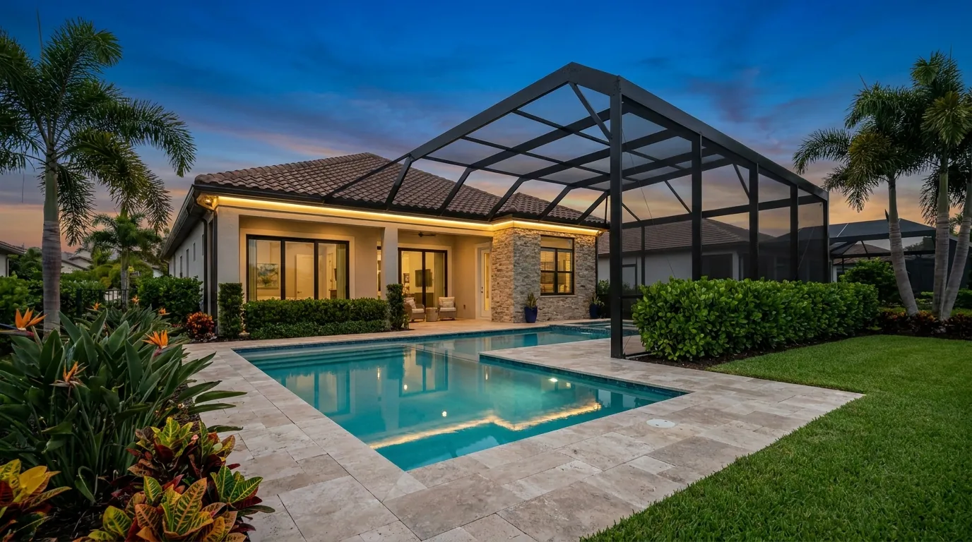 Screened pool enclosure with evening lighting in Naples, Florida
