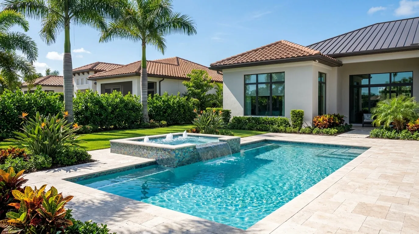 Spillover spa and water feature in Naples, FL