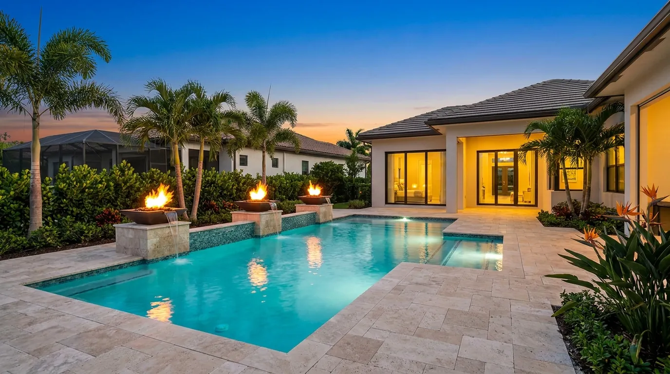 Fire and water feature beside a Naples, Florida pool at dusk